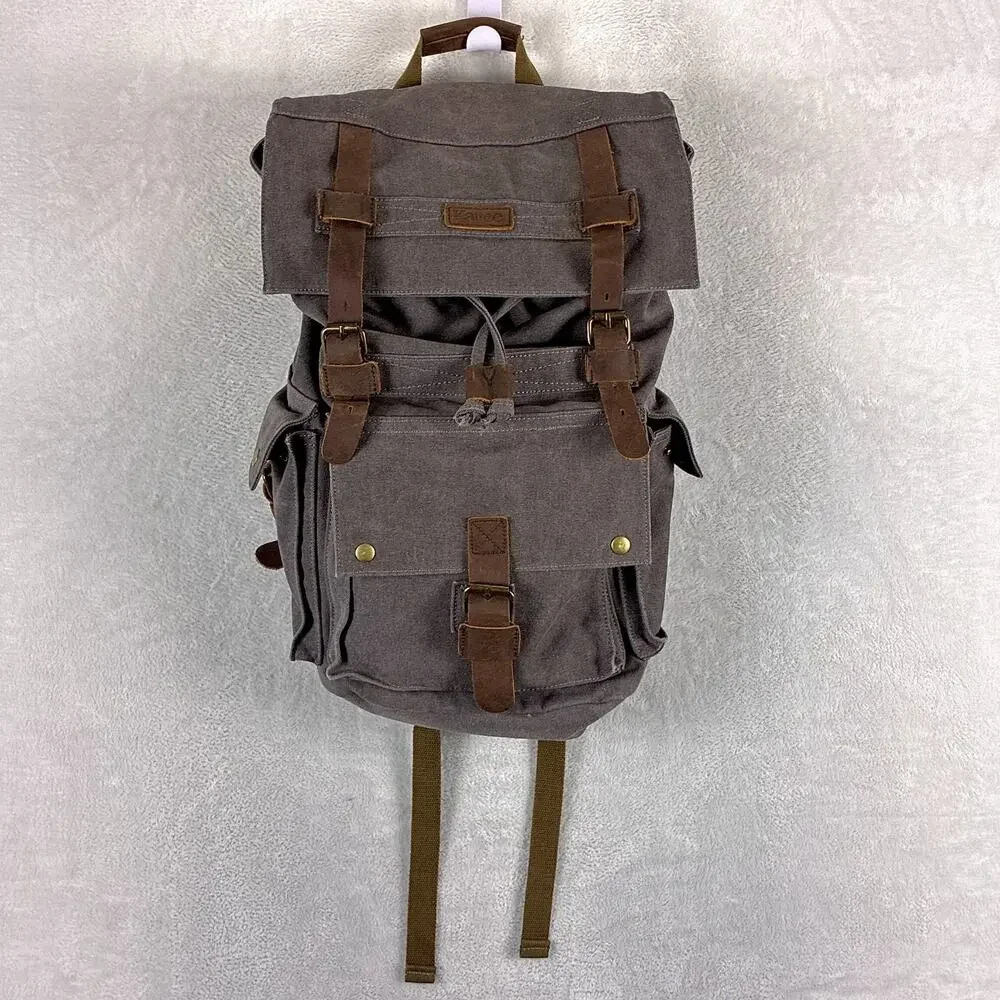 Kattee Backpack Gray Canvas Leather Rucksack Utility Outdoors Hiking Y2K